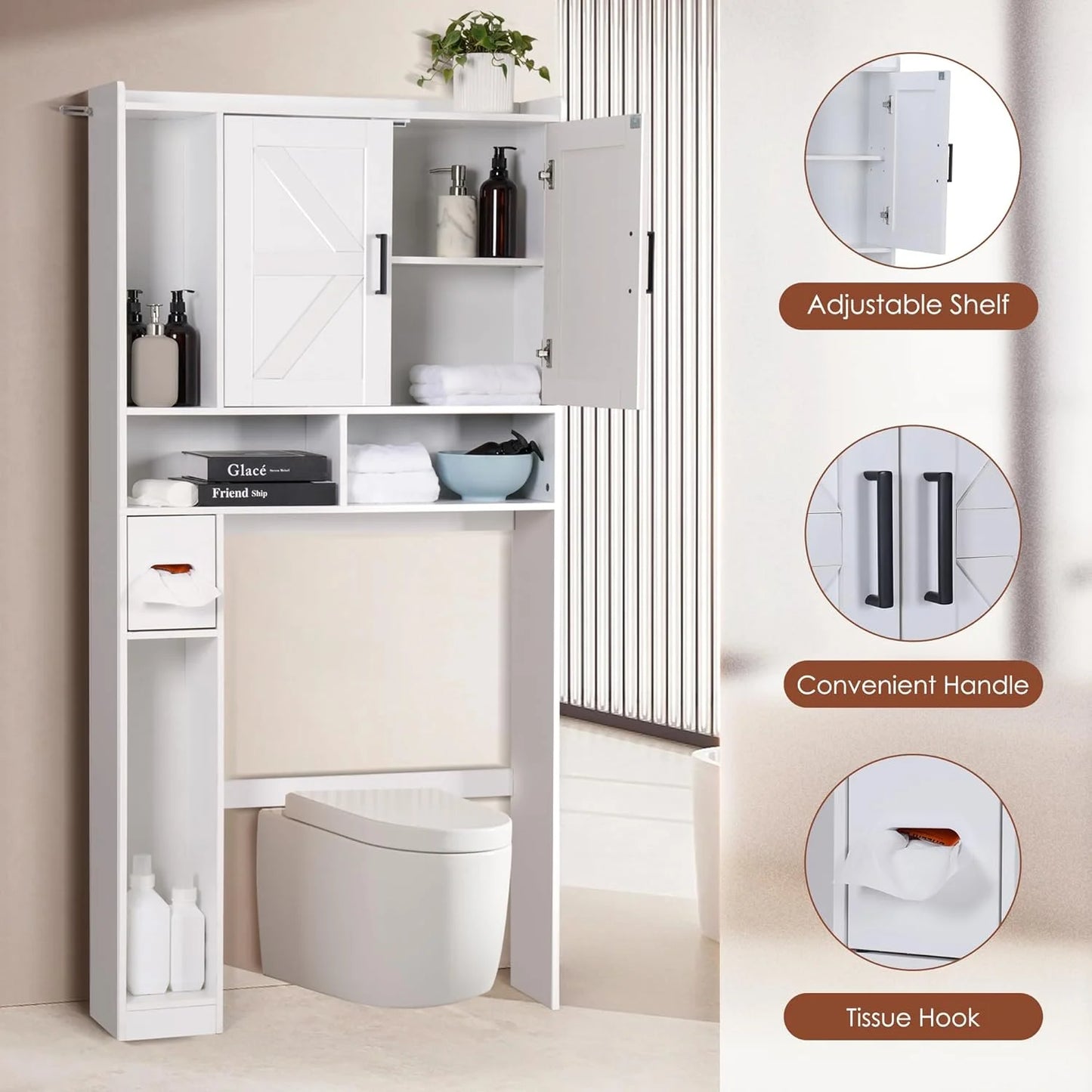 Over The Toilet Storage Cabinet, Farmhouse Bathroom Space Saver Organizer with 2 Barn Doors and Paper Holder Stand, Wooden Toilet Rack for Restroom, Laundry
