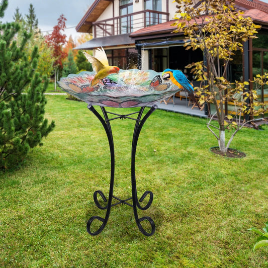 Glass Birdbath with Metal Stand Outdoor for Lawn Yard Garden Butterfly Decor, 18” Dia 21.65” Height