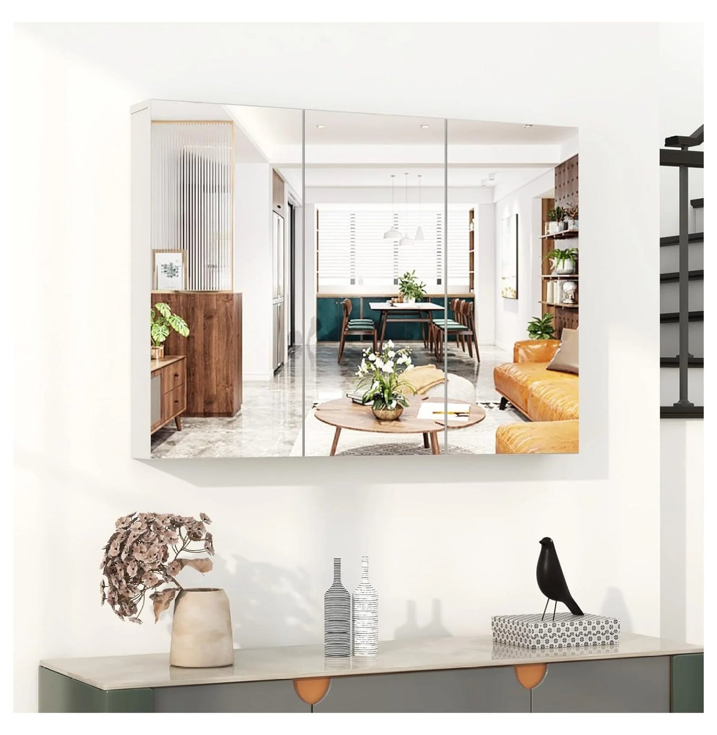 Mirrored Medicine Cabinet, Large Wide Wall Mounted Storage Cabinet with 3 Mirror Doors & Adjustable Shelf, Hanging Bathroom Organizer, White, 36 x 4.5 x 25.5 Inches