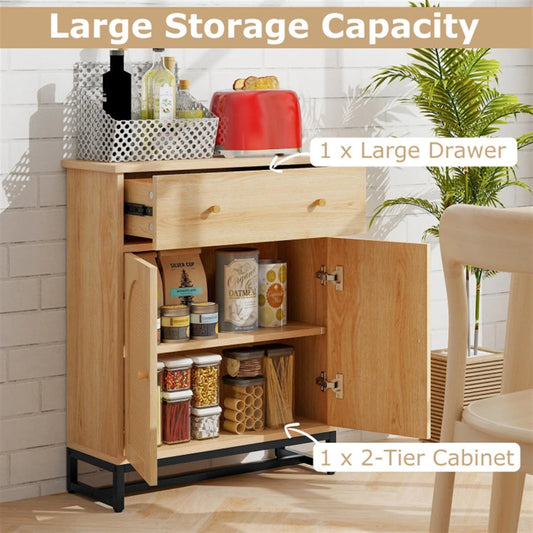 Finihen Accent Floor Storage Cabinet with Rattan Doors, Bathroom Cabinet with Large Drawer, Freestanding Storage Cabinet Organizer, Beige
