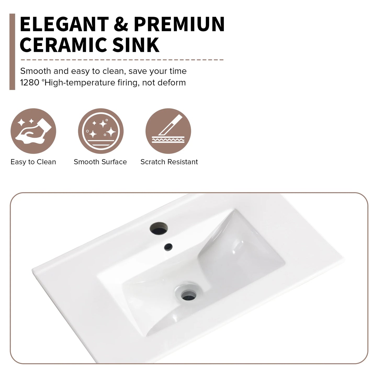 Miniyam 24" Ceramic Sink with Overflow, Drop in Bathroom Vessel Sink, White