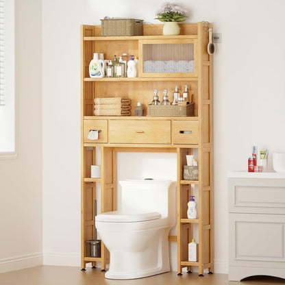 Over The Toilet Storage Cabinet with Acrylic Sliding Door Panel, Bamboo Organizer Shelf with 2 Paper Drawers and 1 Big Drawer,Space Saver Rack for Bathroom (White)