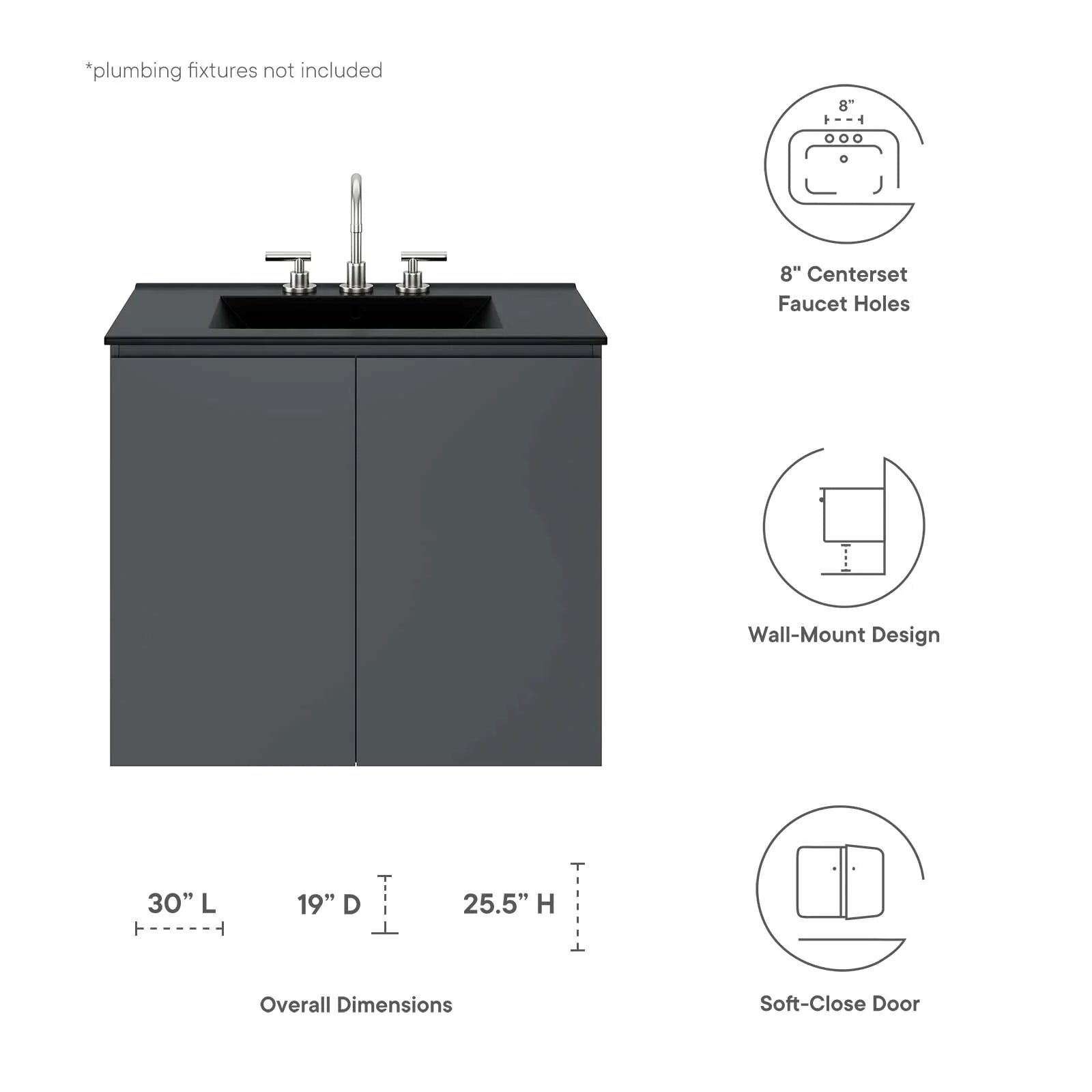 Sink Vanity Cabinet, Wall Mount, Grey Gray Black, Ceramic, Melamine, Modern Contemporary, Hotel Bedroom Bathroom Master Suite Guest