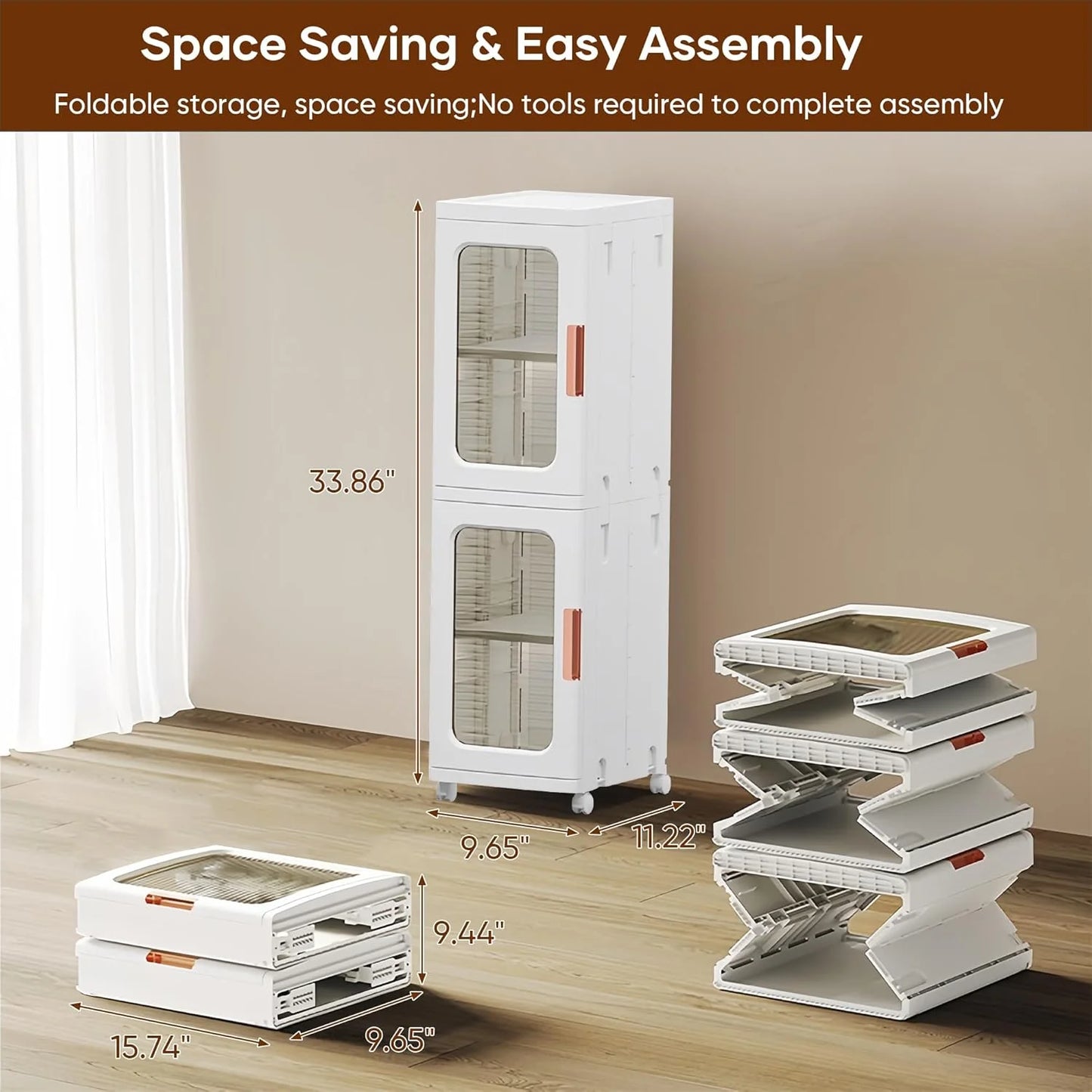 Slim Kitchen Pantry Storage Cabinet with Doors and Shelves, 3-Tiers Plastic Narrow Storage Organizer Collapsible for Small Spaces, Bathroom, Living Room, Bedroom, White