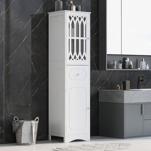 Royard Oaktree Tall Bathroom Cabinet with Drawer and Doors Freestanding Storage Cabinet with Hutch Modern Narrow Kitchen Pantry Sideboard Cabinets for Living Room Bedroom Office, White