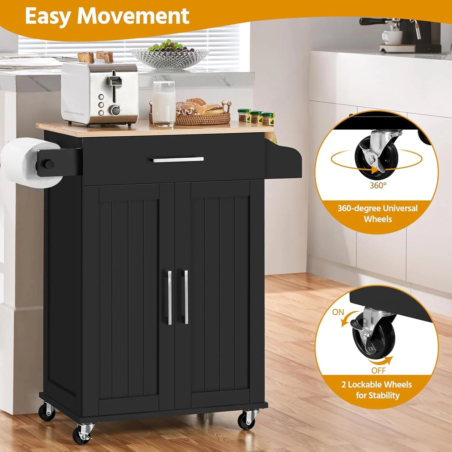 HXYHJ Kitchen Island on Wheels with Storage Cabinet, Rolling Kitchen Cart with Bamboo Top & Drawer & Spice Rack Towel Bar, Microwave Stand Cart for Kitchen/Dining Room, Black