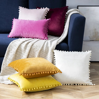 Phantoscope Throw Pillow with Insert,Silky Velvet Series Pom Pom Decorative pillow, 18" x 18", Off White, 2 Pack