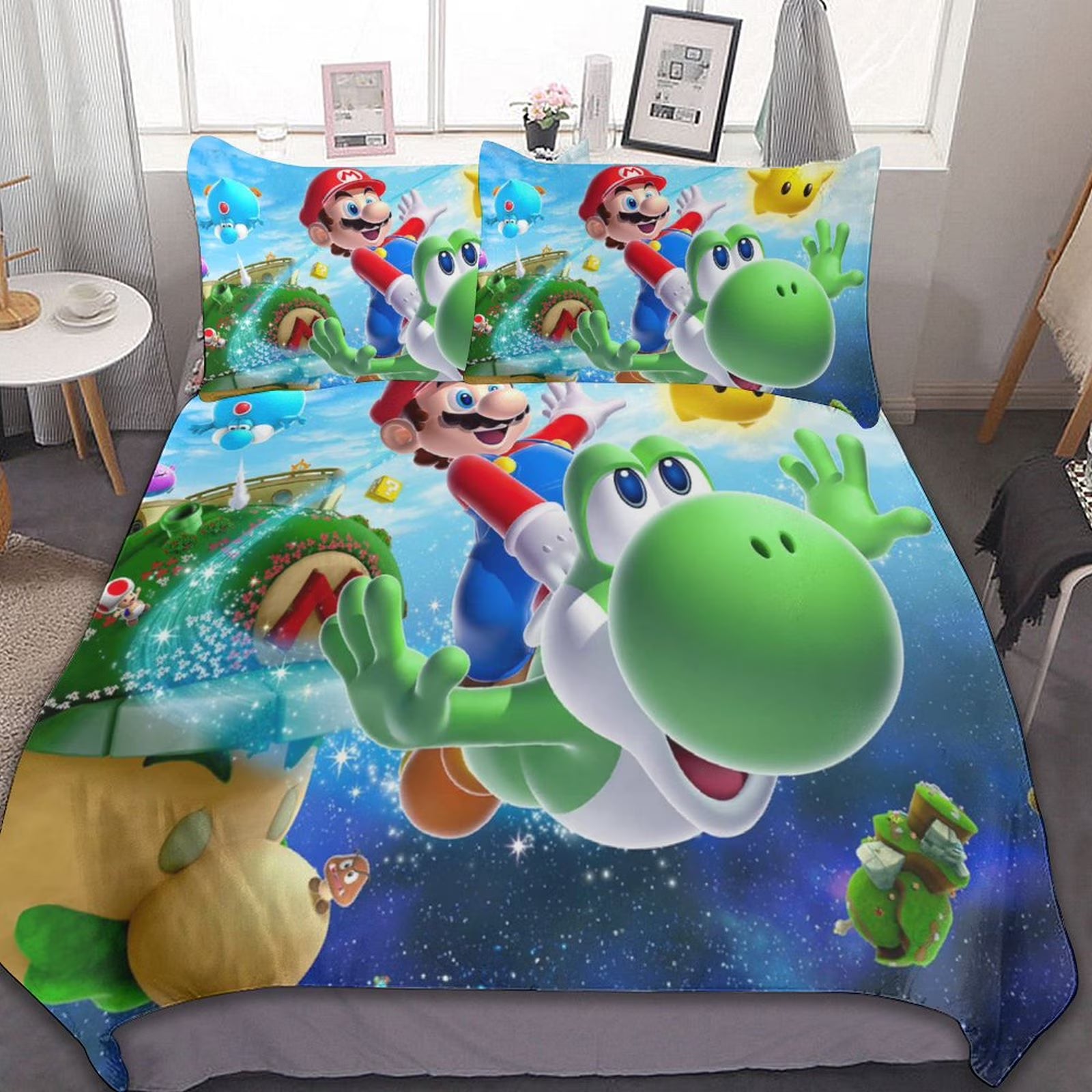 Super Mario Galaxy 3 Piece Bedding Sets Decor Comforter Sets With One Duvet Cover Two Pillow Shams