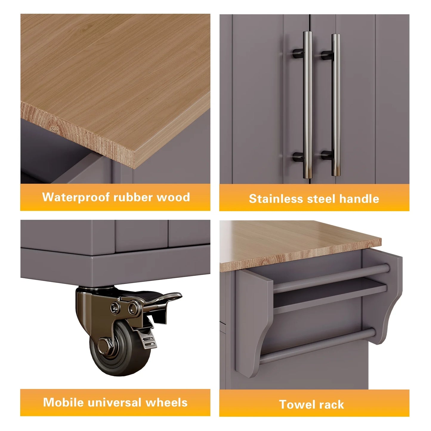 Pingliang Home Rolling Kitchen Storage Carts with Towel Rack and Drawers, Kitchen Island with Wheel,Rubberwood,White, 35"