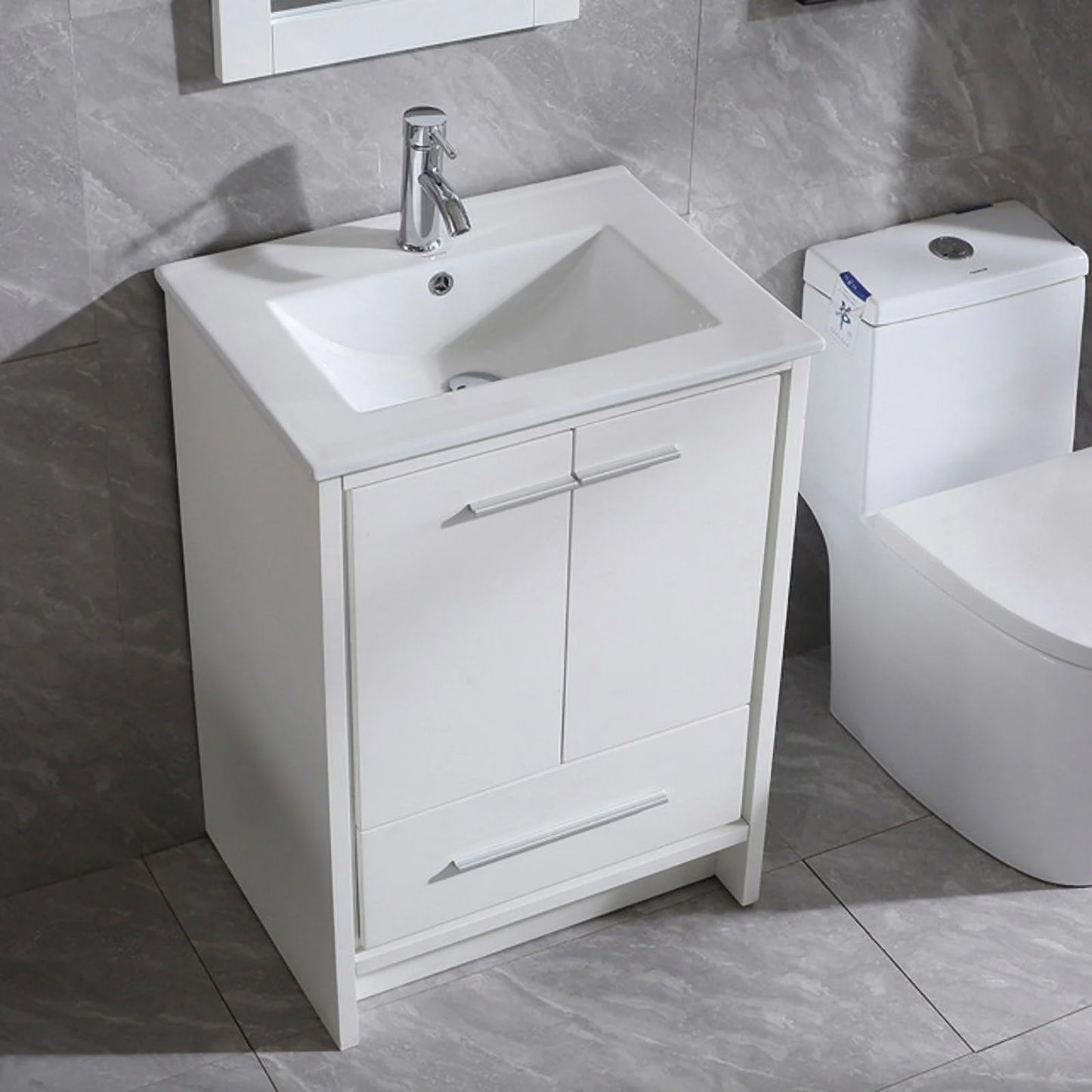Walsport 24" Luxurious Bathroom Vanity with Ceramic Sink and Countertop and Mirror and Faucet,Double Door Stand Floor Cabinet Bathroom Storage Vanity with Pop Up Drain,White