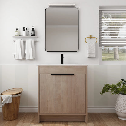 Holaki 30 Inch Freestanding Bathroom Vanity with Black Ceramic Sink & 2 Soft-Close Cabinet Doors, Plain Light Oak