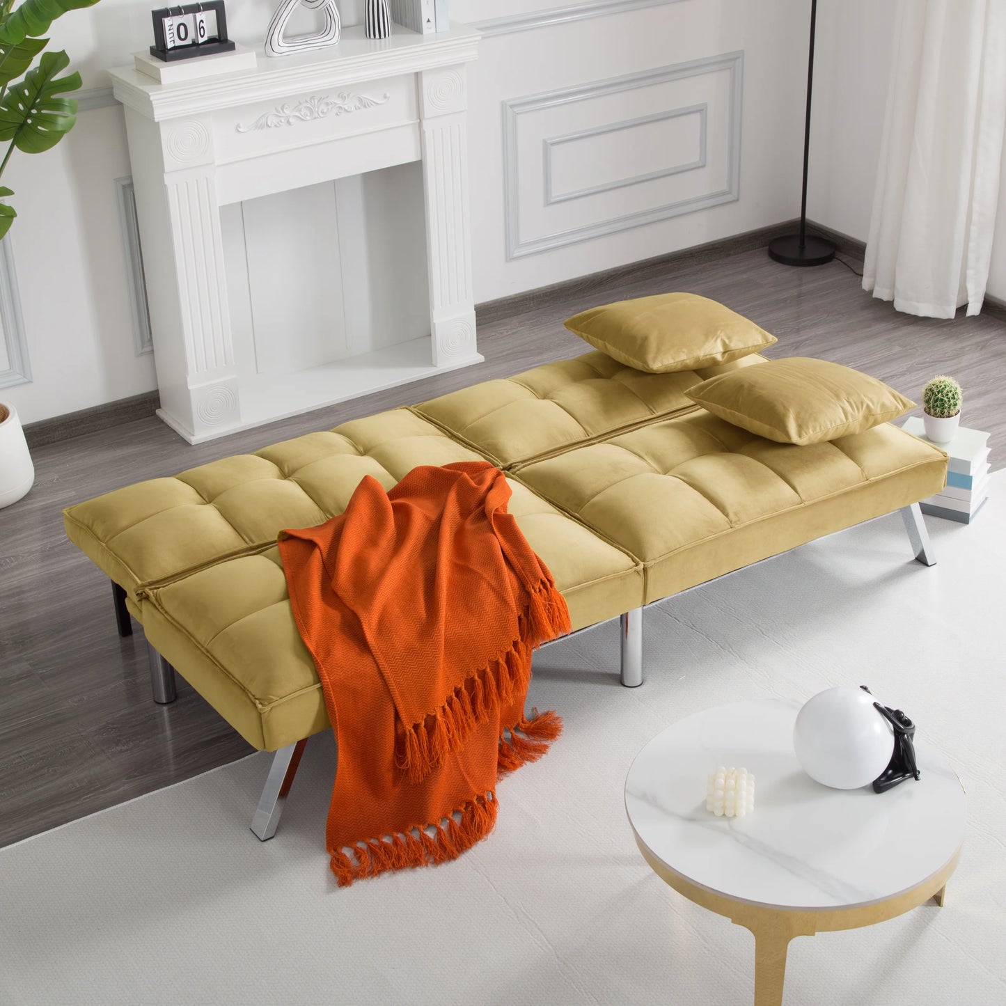 Gewnee Modern Velvet Futon Sofa Bed,67.7" Convertible Sleeper Sofa Bed with Throw Pillows Adjustable Backrest Angles,Loveseat for Small Place,Olive