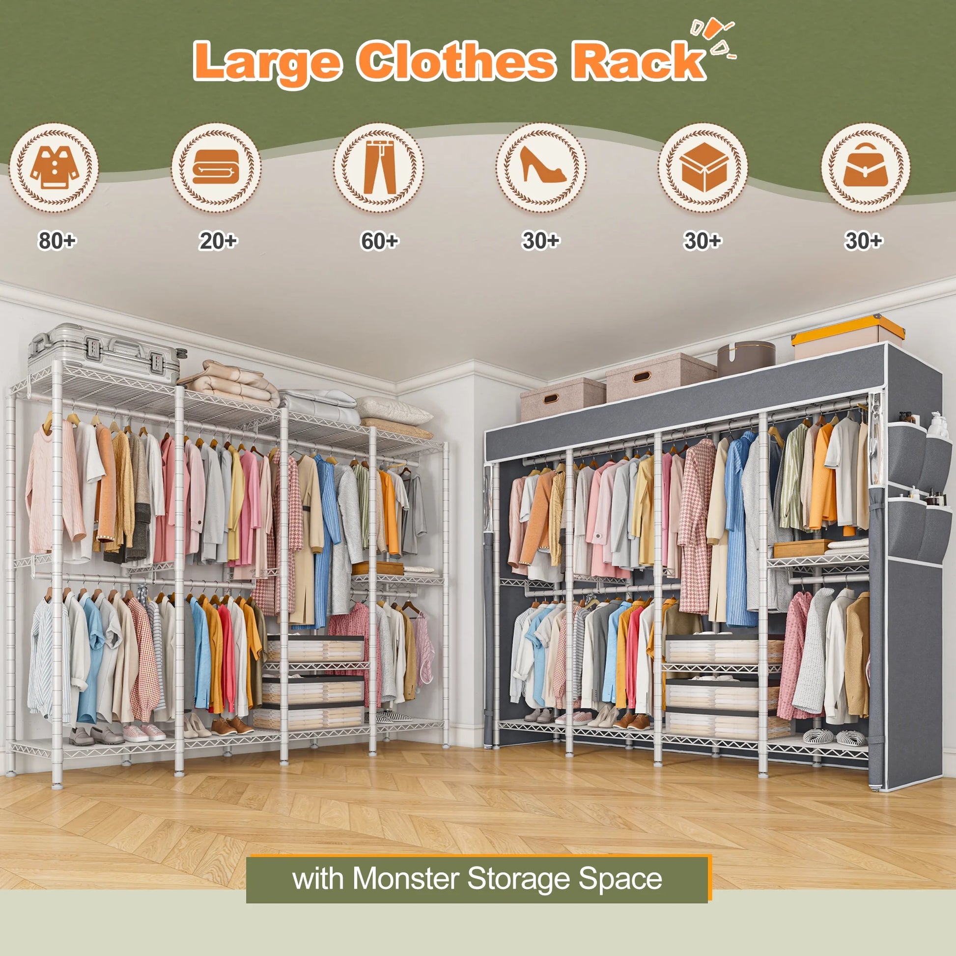 EnHomee 76"W Clothes Rack with Cover,1100LBS Heavy Duty Wardrobe Closet Organizer,Adjustable Portable ClosetBlack