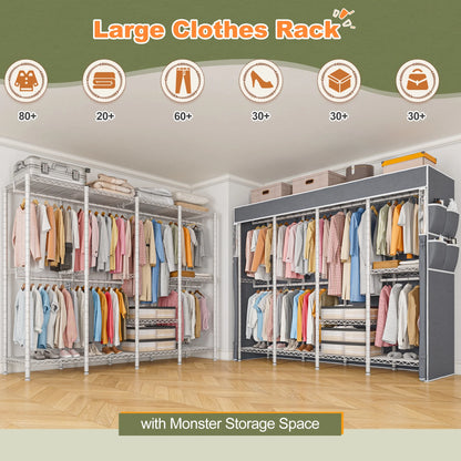EnHomee 76"W Clothes Rack with Cover,1100LBS Heavy Duty Wardrobe Closet Organizer,Adjustable Portable ClosetBlack
