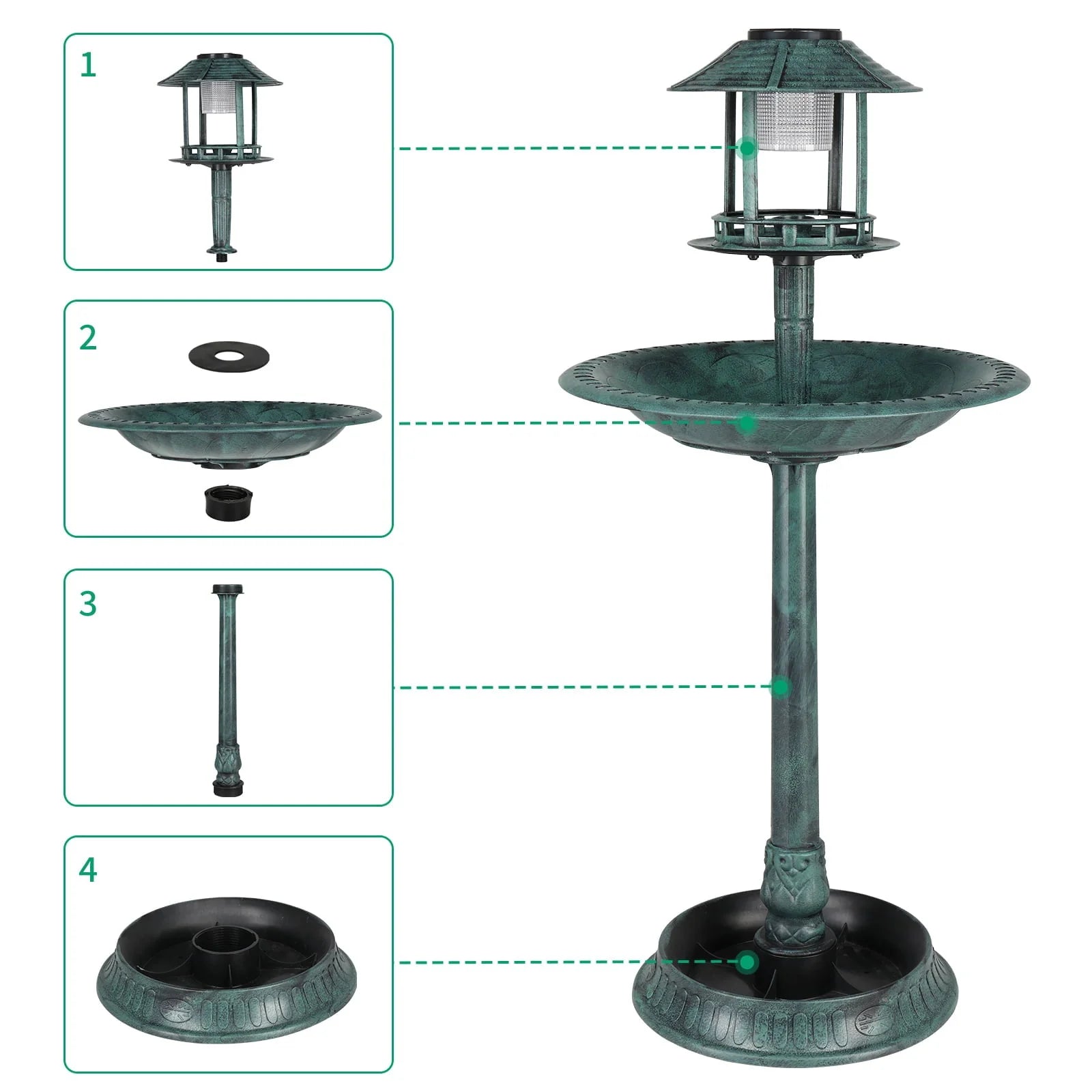 Ktaxon Wild Bird Bath Resin Pedestal Birdbaths with Solar Light Antique Sculpture Finish Garden Decor Dark Green