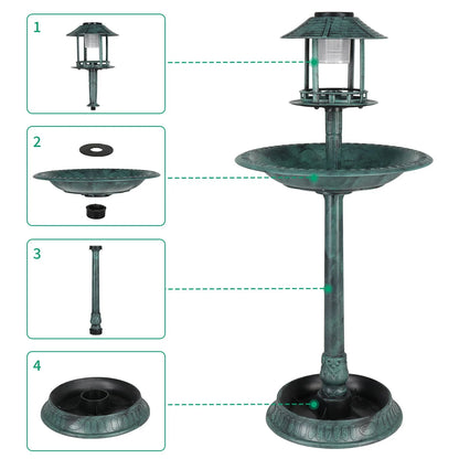 Ktaxon Wild Bird Bath Resin Pedestal Birdbaths with Solar Light Antique Sculpture Finish Garden Decor Dark Green