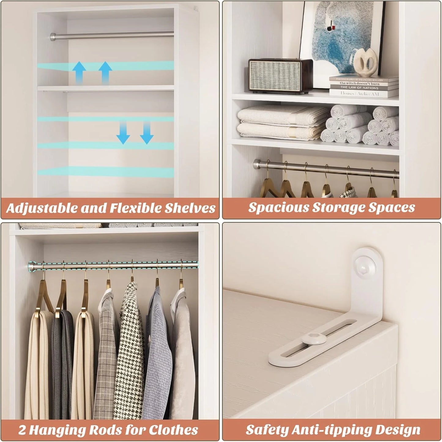 Homieasy 25°?Closet System, Freestanding Closet Organizer Wardrobe with Hanging Rods and Shelves, Adjustable Clothes Garment Rack, Sturdy Walk in Closet Tower, White