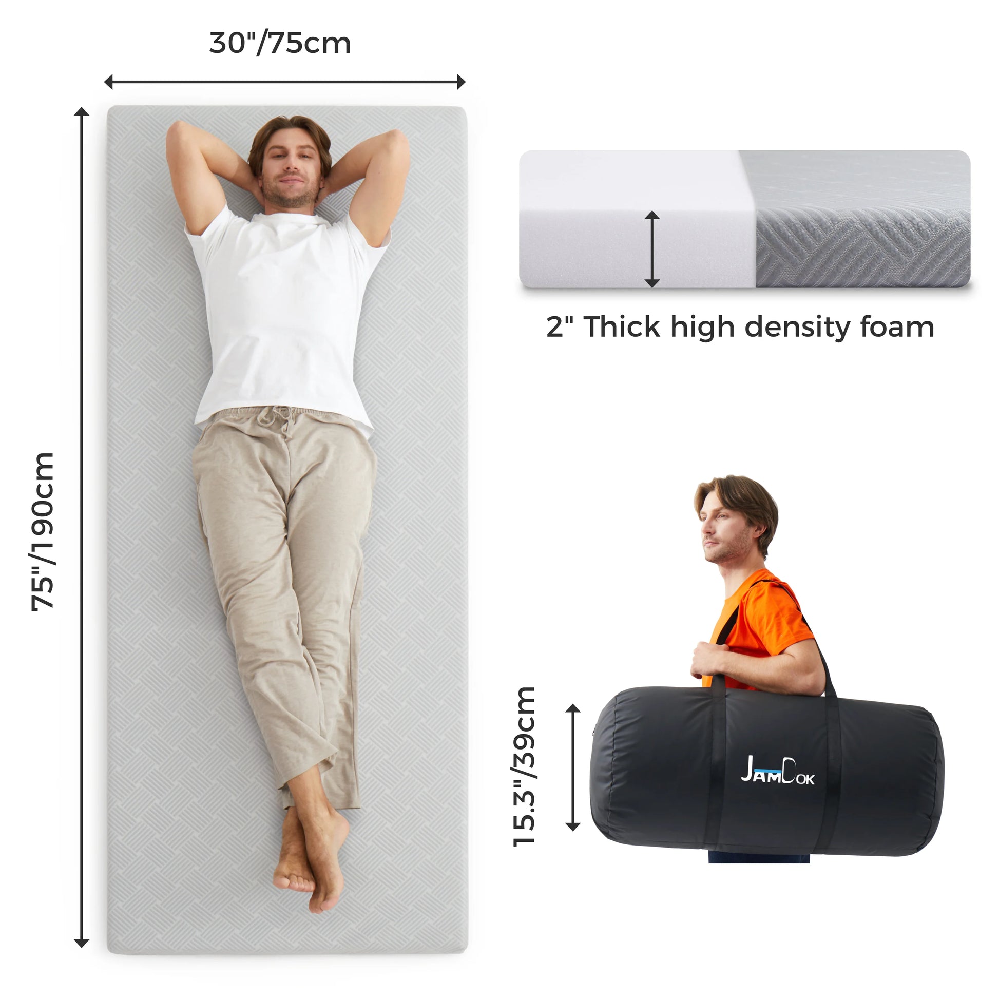 Jamdok Camping Mattress for Hot Sleeper, Waterproof Cooling Cover, Roll Up Foam Sleeping Pad with Storage Bag,Cot Mattress Topper for Summer Camping, Hiking,Car,Tent,Travel(75 x 30 x 2 inches)