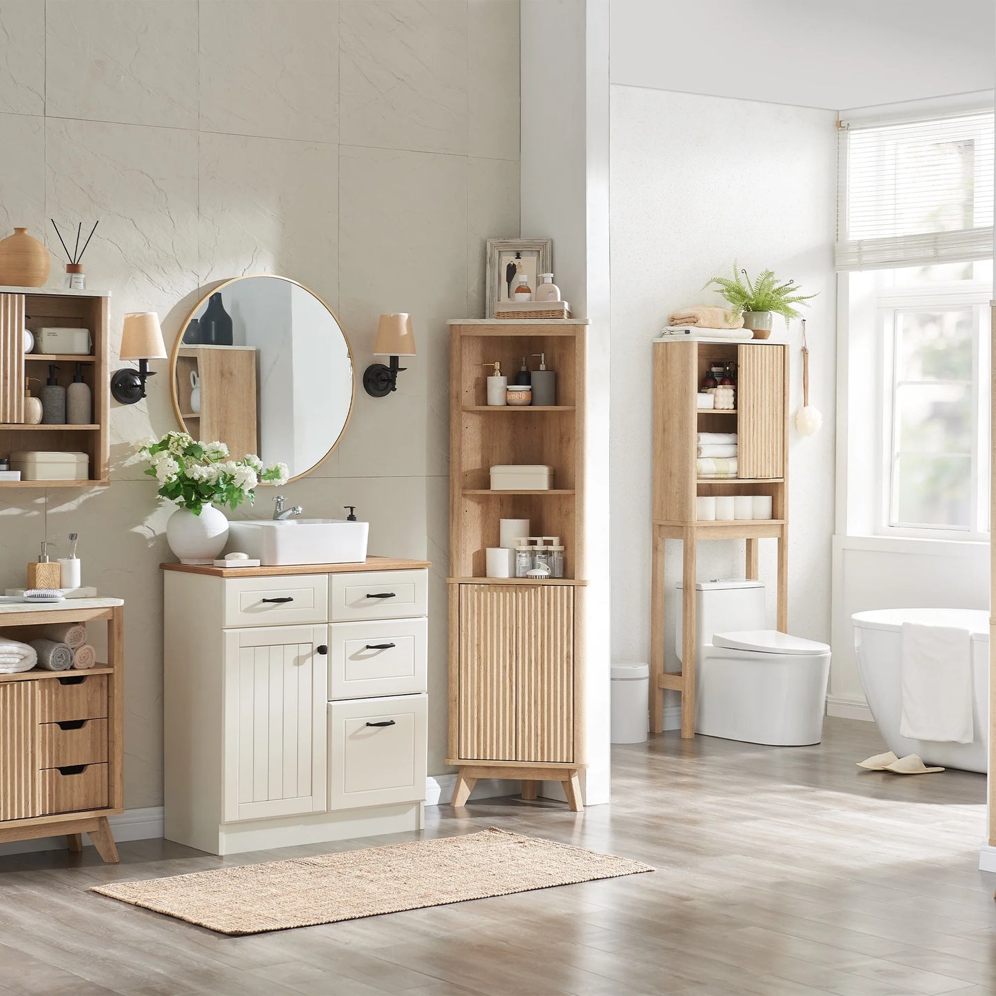 OKD 68" Tall Corner Storage Cabinet with Faux Marble Top and Adjustable Shelves Modern Pantry Curved Profile Bookshelf for Bathroom Kitchen Living Room Dining Room, Off White