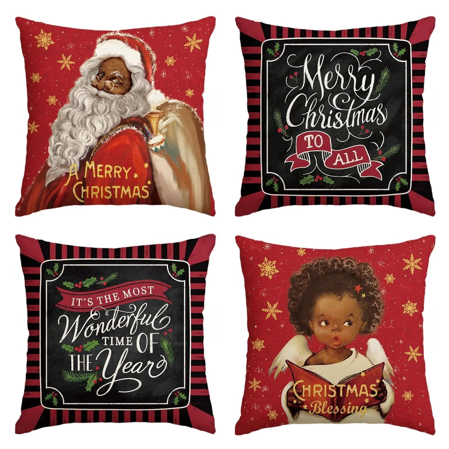 Artoid Mode Merry Christmas Santa Claus Angel Girl Xmas Pillow Covers 4-Pack 18 x 18 Red Black Square Decorative Winter Farmhouse Outdoor Throw Pillow Case