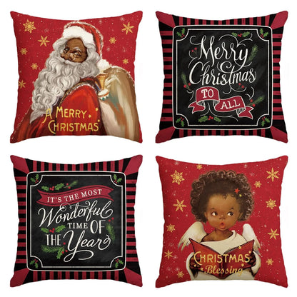 Artoid Mode Merry Christmas Santa Claus Angel Girl Xmas Pillow Covers 4-Pack 18 x 18 Red Black Square Decorative Winter Farmhouse Outdoor Throw Pillow Case