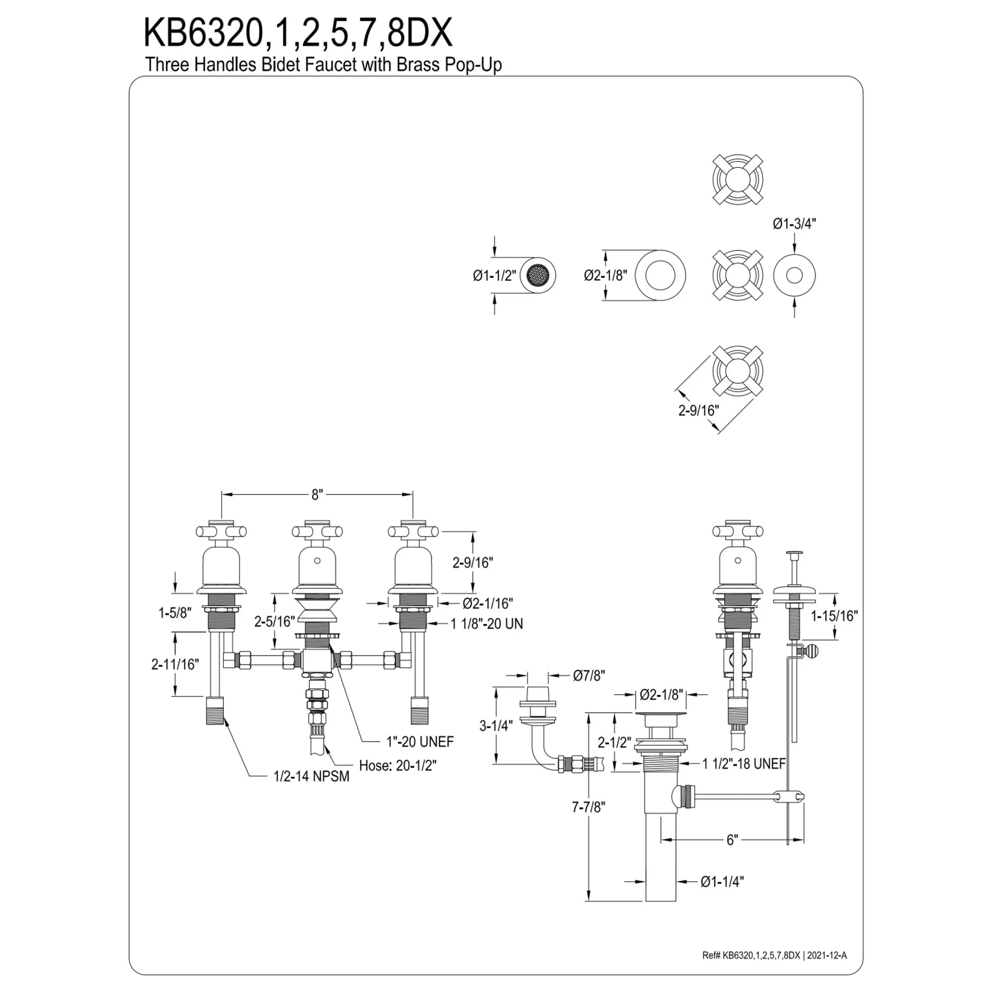Kingston Brass KB6327DX Concord Three-Handle Bidet Faucet with Brass Pop-Up, Brushed Brass