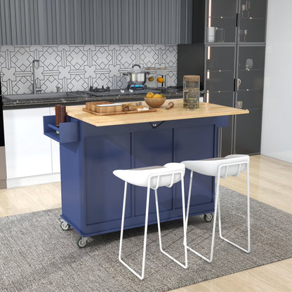 Kitchen Cart with Solid Wood Top and Drop Leaf Breakfast Bar, Rolling Mobile Kitchen Island with Storage, Spice Rack and Towel Rack, 52.7 Inch Width, Grey Blue