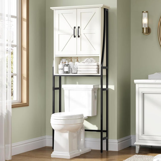 Over The Toilet Storage Cabinet, Over Toilet Bathroom Organizer, Above Toilet Storage Cabinet with Barn Doors Behind Toilet Bathroom Organizer Over-The-Toilet Cabinet (Cream White)