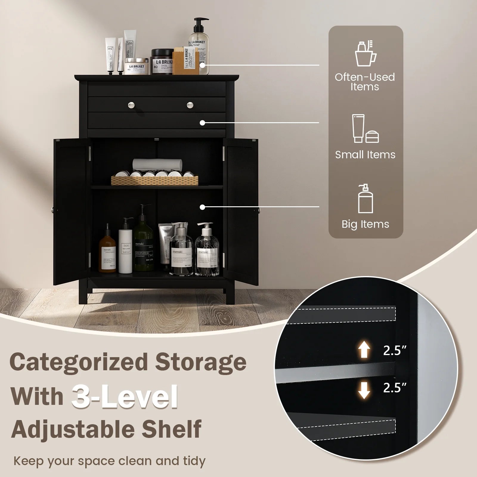 Topbuy Freestanding Bathroom Storage Cabinet Floor Cabinet with Drawer Doors and Adjustable Shelf for Storage Black