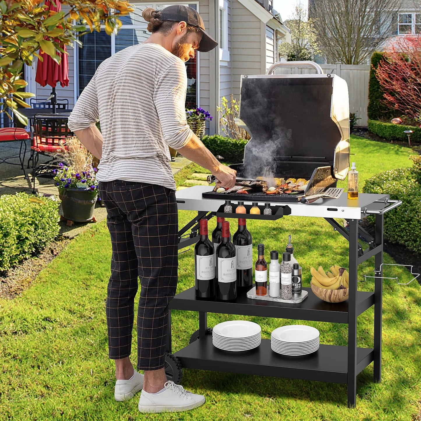 Topbuy Outdoor Food Prep Cart Table 3-tier Mobile Serving Trolley with Adjustable Shelf Phone Stand Spice Rack Towel Rack Garage Rack
