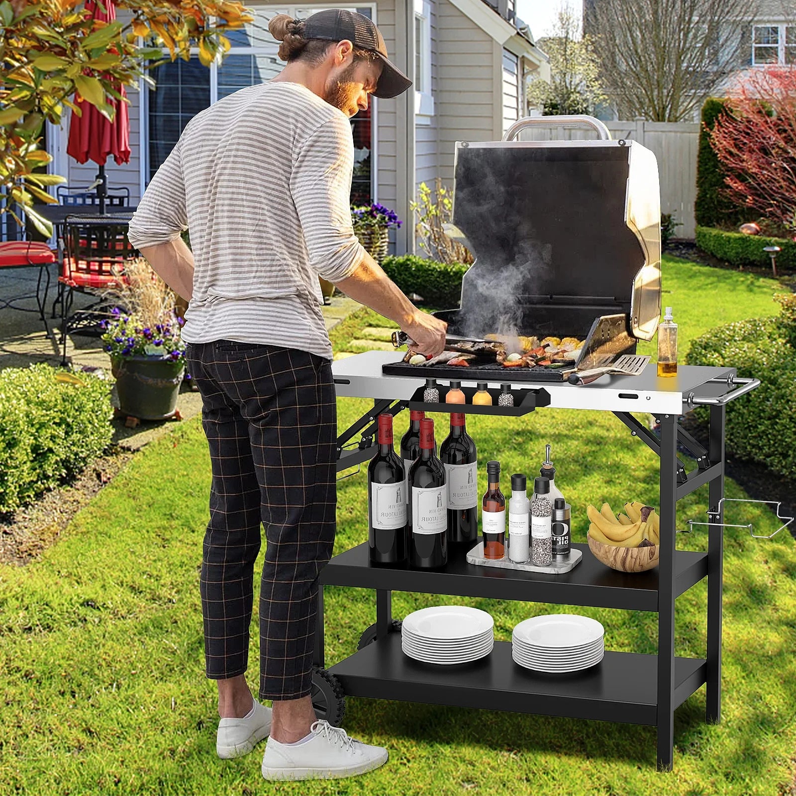 Topbuy Outdoor Food Prep Cart Table 3-tier Mobile Serving Trolley with Adjustable Shelf Phone Stand Spice Rack Towel Rack Garage Rack
