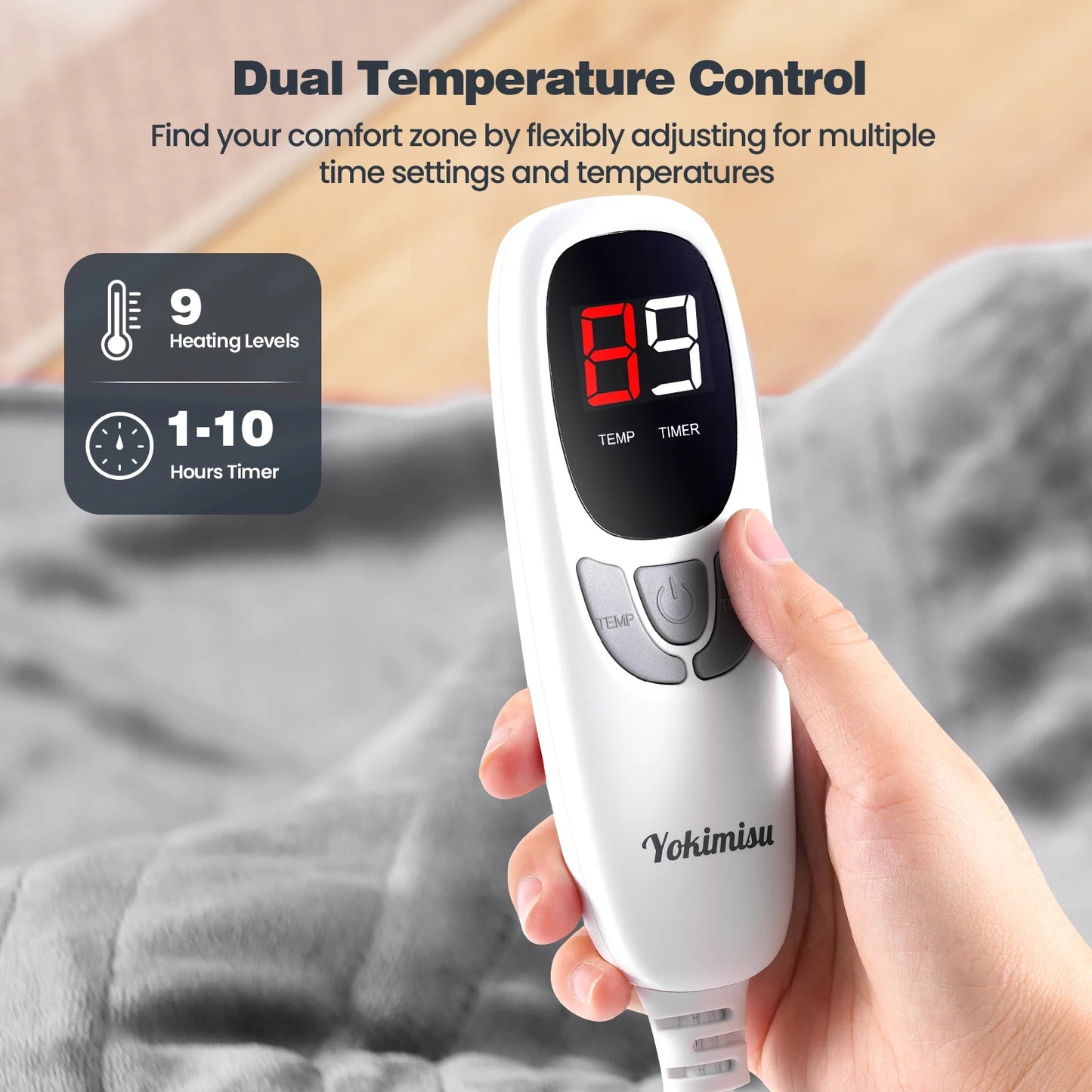 Ocuuziisu Electric Blanket 90" x 100" King Size Heated Blanket, Flannel and Sherpa, 10 Hour Auto-off, 9 Heat Settings, Fast Heating, Machine Washable, Gray