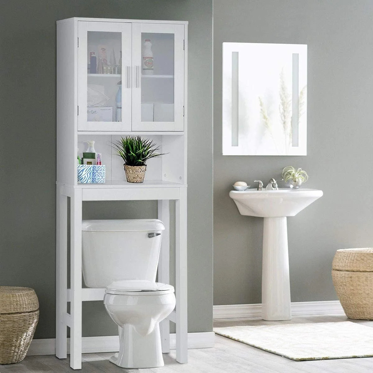 Giantex Wooden Over The Toilet Storage Cabinet, Home Bathroom Space Saver, Double Doors, Adjustable Shelf Organizer, Open Storage Shelf, Freestanding Toilet Storage Rack Unit
