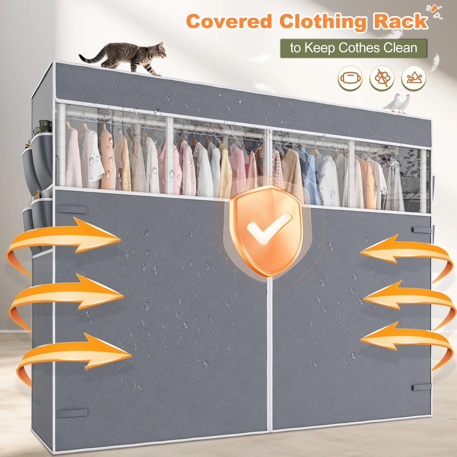 EnHomee 76"W Clothes Rack with Cover,1100LBS Heavy Duty Wardrobe Closet Organizer,Adjustable Portable ClosetBlack