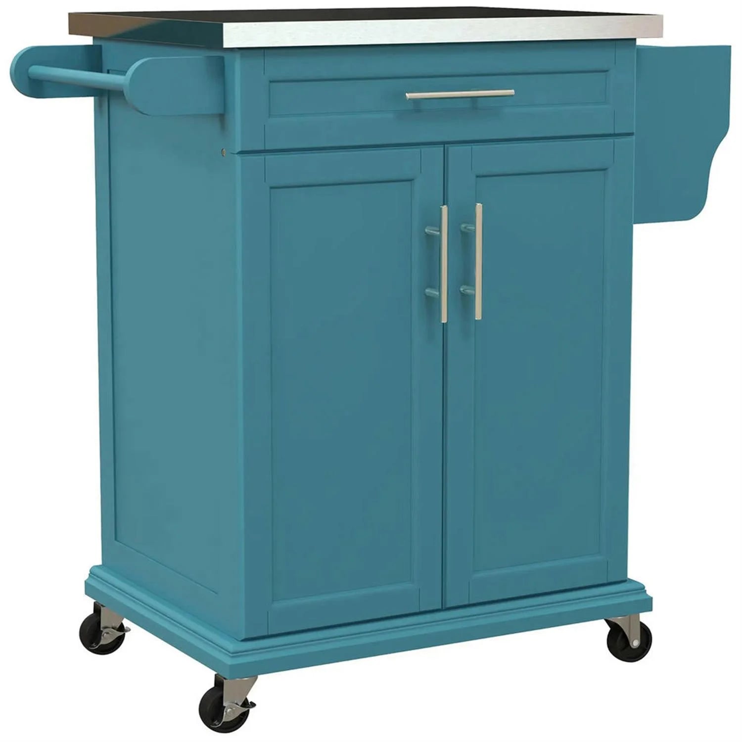 Finihen 35" Kitchen Island Cart on Wheels with Stainless Steel Top, Rolling Dining Room Serving Utility Carts Mobile Movable with Towel Rack, Blue