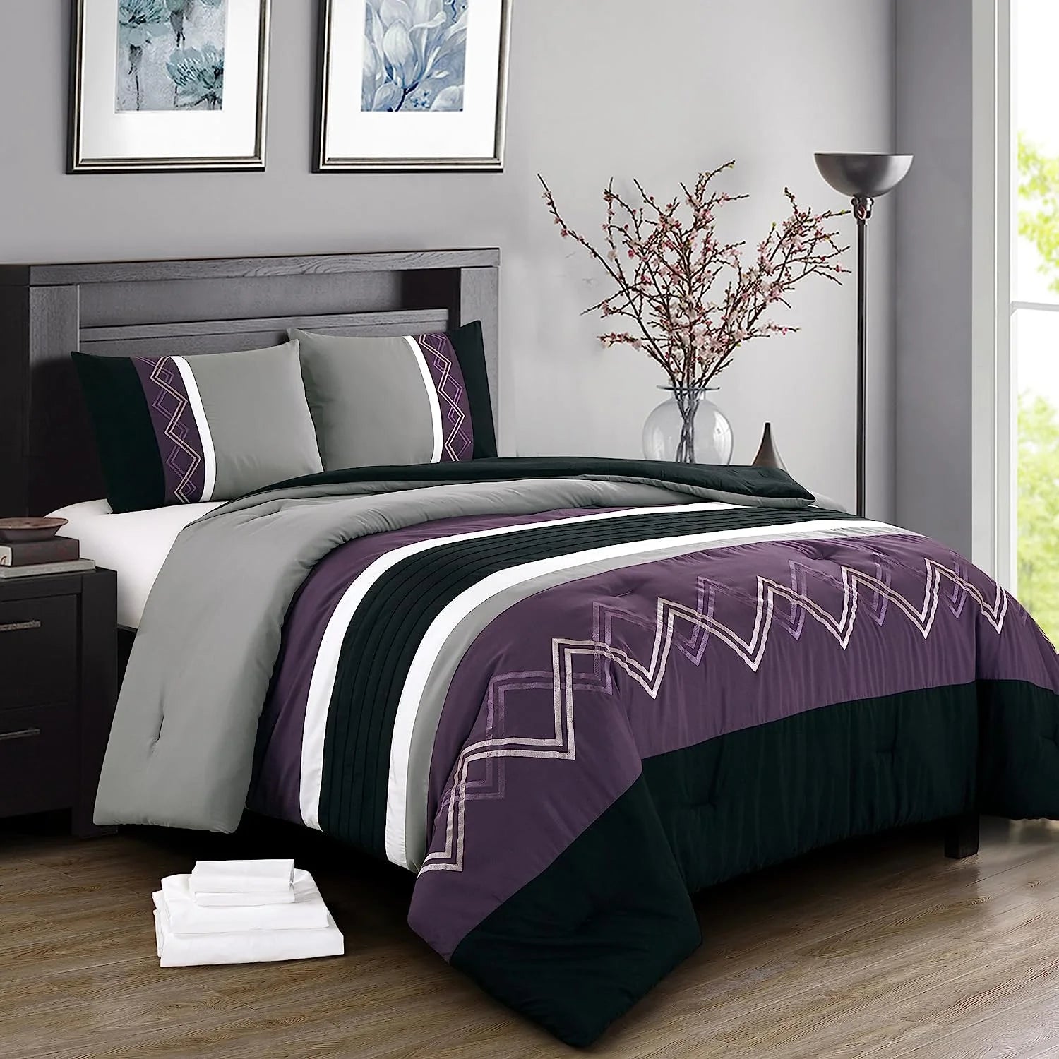 Chezmoi Collection Jaxson King Bed in a Bag 7-Piece Comforter Set with Sheets Modern Pleated Stripe Embroidered Purple/Black/Gray/White Zigzag Lightweight All Season Bedding