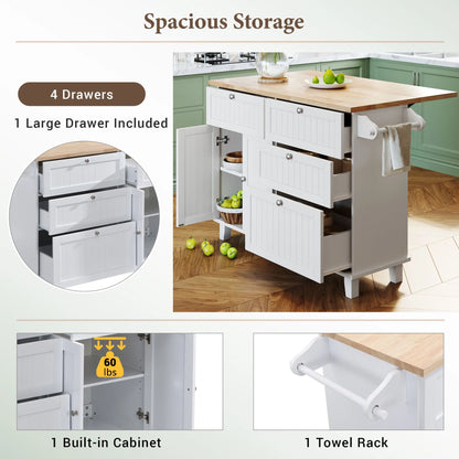 Kitchen Island with Storage, Portable Kitchen Island on Wheels with Drop-Leaf and 2 Stools, Built-in 4 Drawers and Towel Rack, Rolling Kitchen Island Cart for Home, Kitchen and Dining Room, White