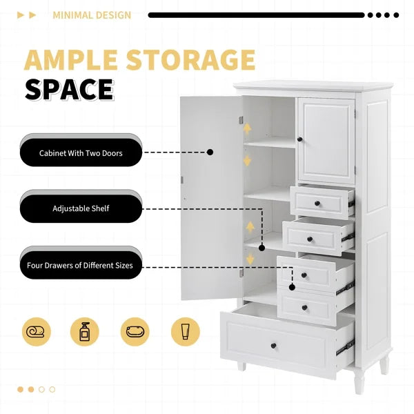 Tall White Storage Cabinet with 4 Drawers & Adjustable Shelves Multi-Functional Organizer for Bathroom, Office, Living Room Solid Pine & MDF (61.8" Height)