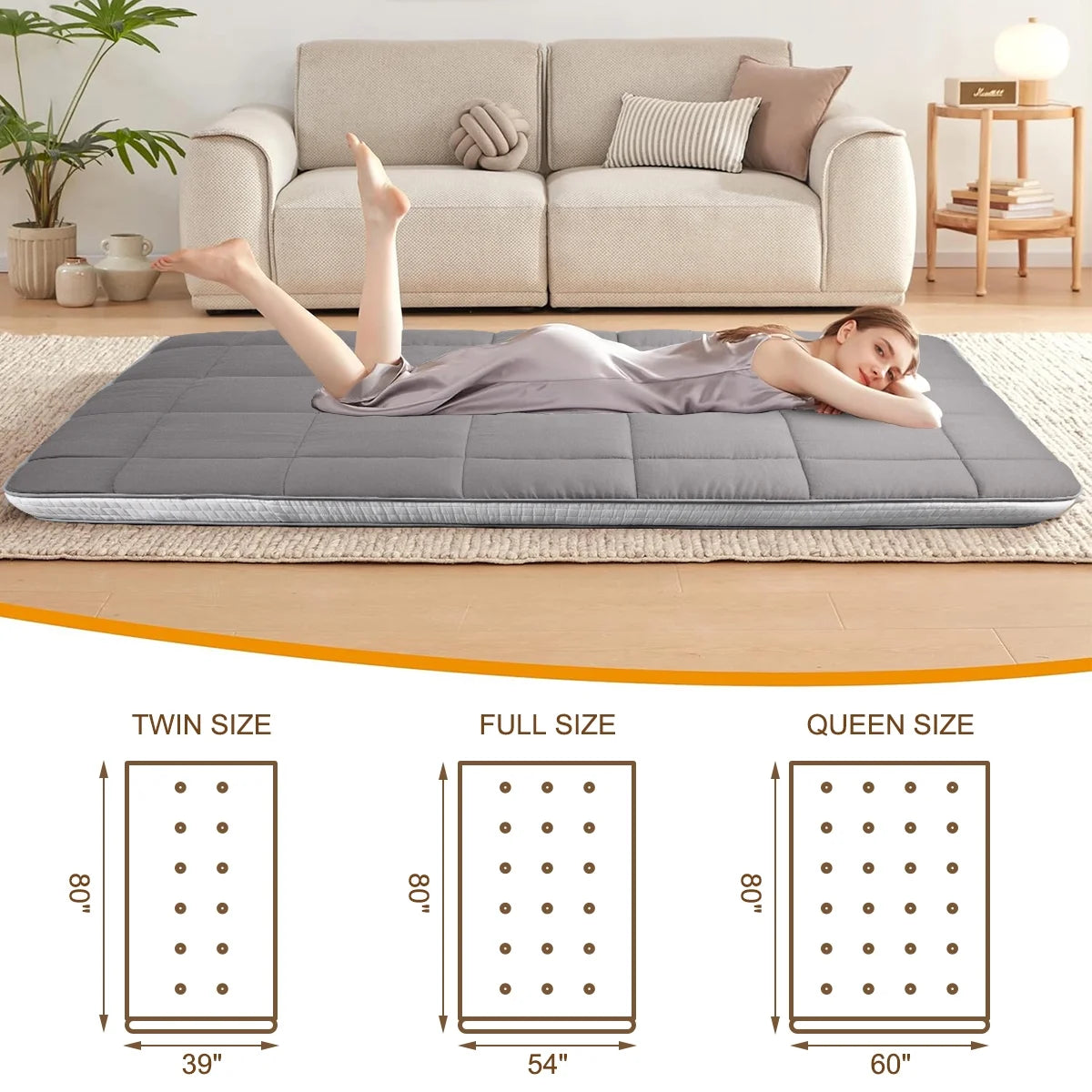 CshidWorld Japanese Floor Mattress, Futon Mattress w/Storage Bag & Washable Cover, Roll up Floor Mattress 4° F Thick Tatami Mattress Quilted Bed Mattress Topper for Dorm, Guest Room, Gray, Queen