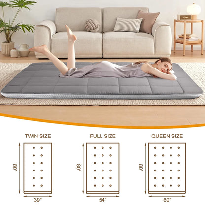 CshidWorld Japanese Floor Mattress, Futon Mattress w/Storage Bag & Washable Cover, Roll up Floor Mattress 4° F Thick Tatami Mattress Quilted Bed Mattress Topper for Dorm, Guest Room, Gray, Queen