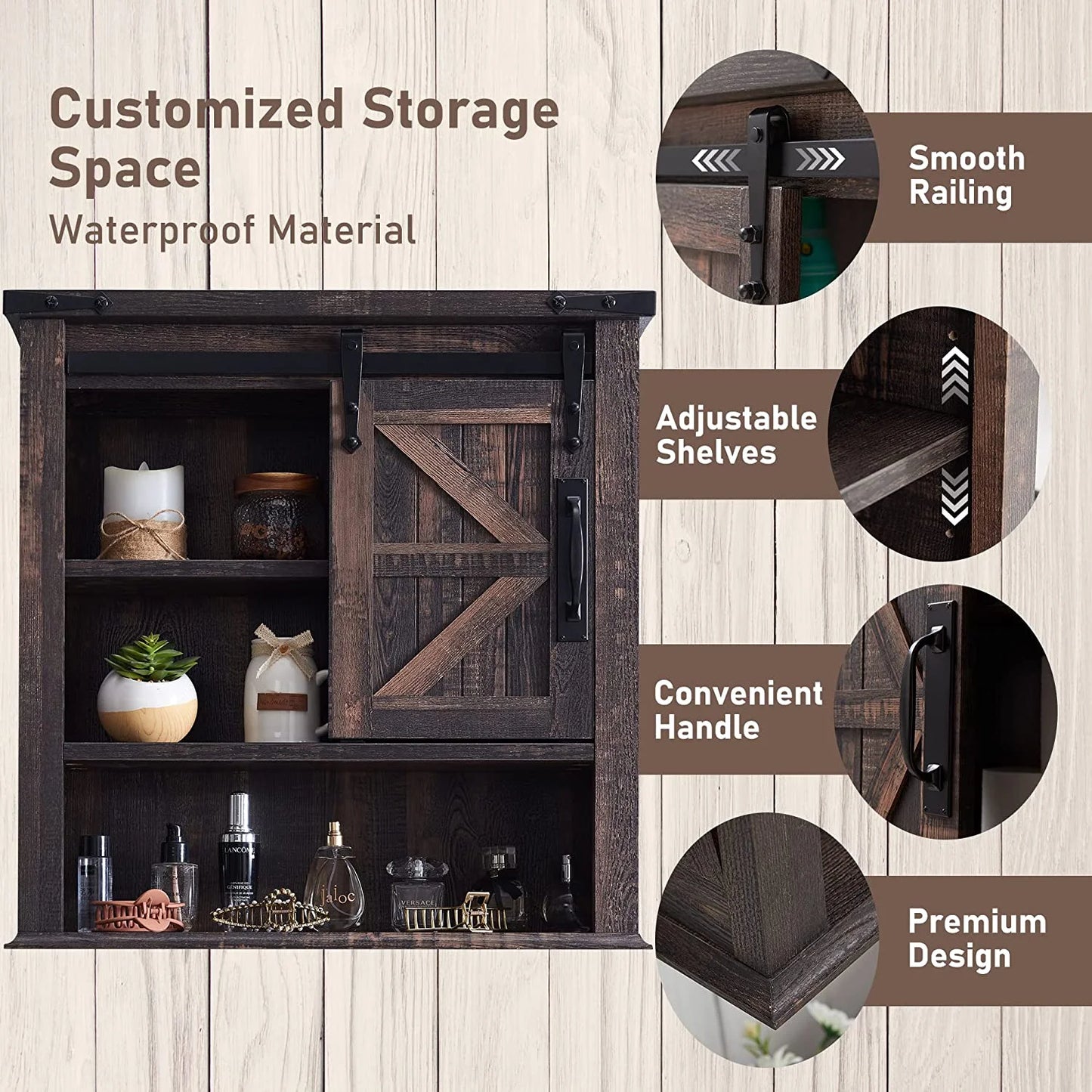 OKD Wall Storage Cabinet with Barn Door & 3 Shelves Farmhouse Wooden Bathroom Wall Mounted Medicine Cabinet Organizer Spacesaver for Kitchen Laundry Room Hotels Home, Light Rustic Oak