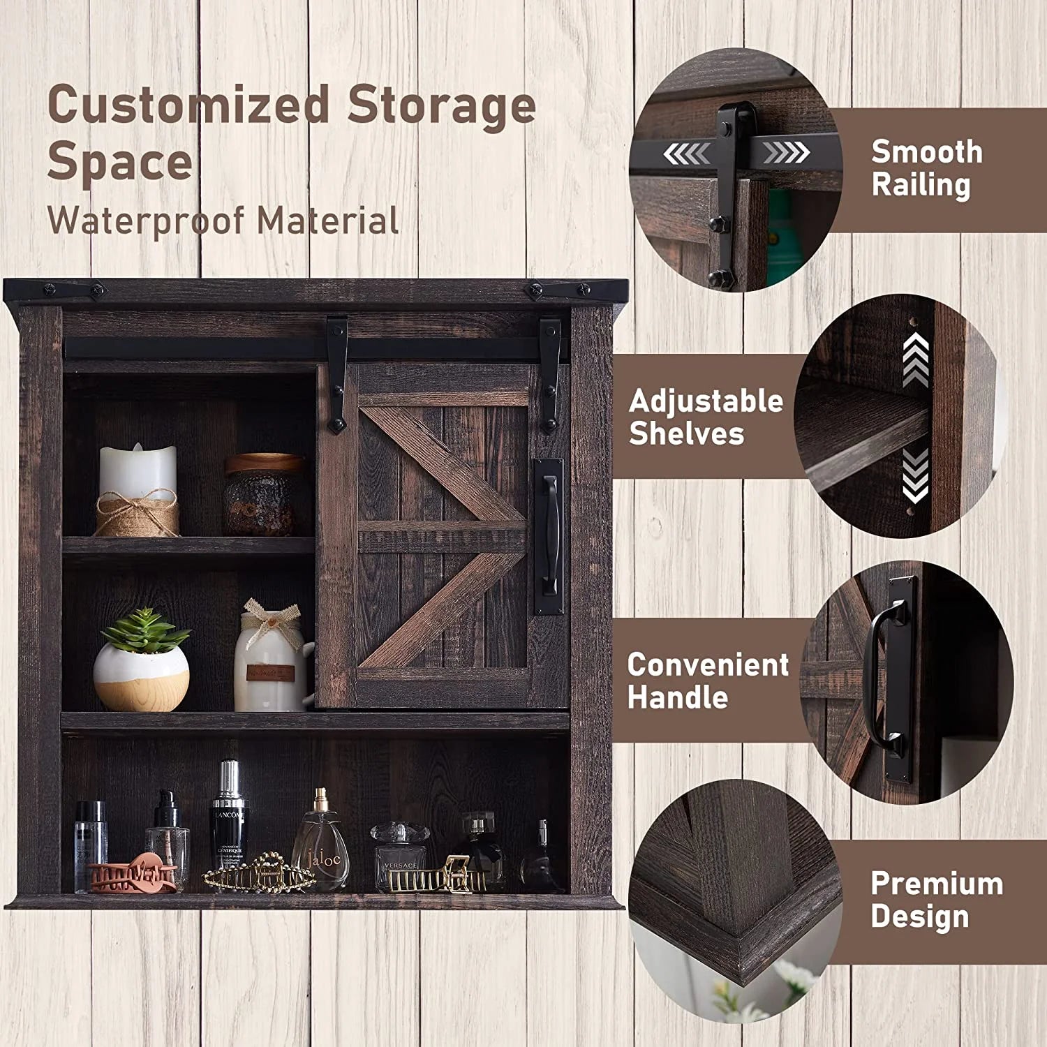 OKD Wall Storage Cabinet with Barn Door & 3 Shelves Farmhouse Wooden Bathroom Wall Mounted Medicine Cabinet Organizer Spacesaver for Kitchen Laundry Room Hotels Home, Light Rustic Oak
