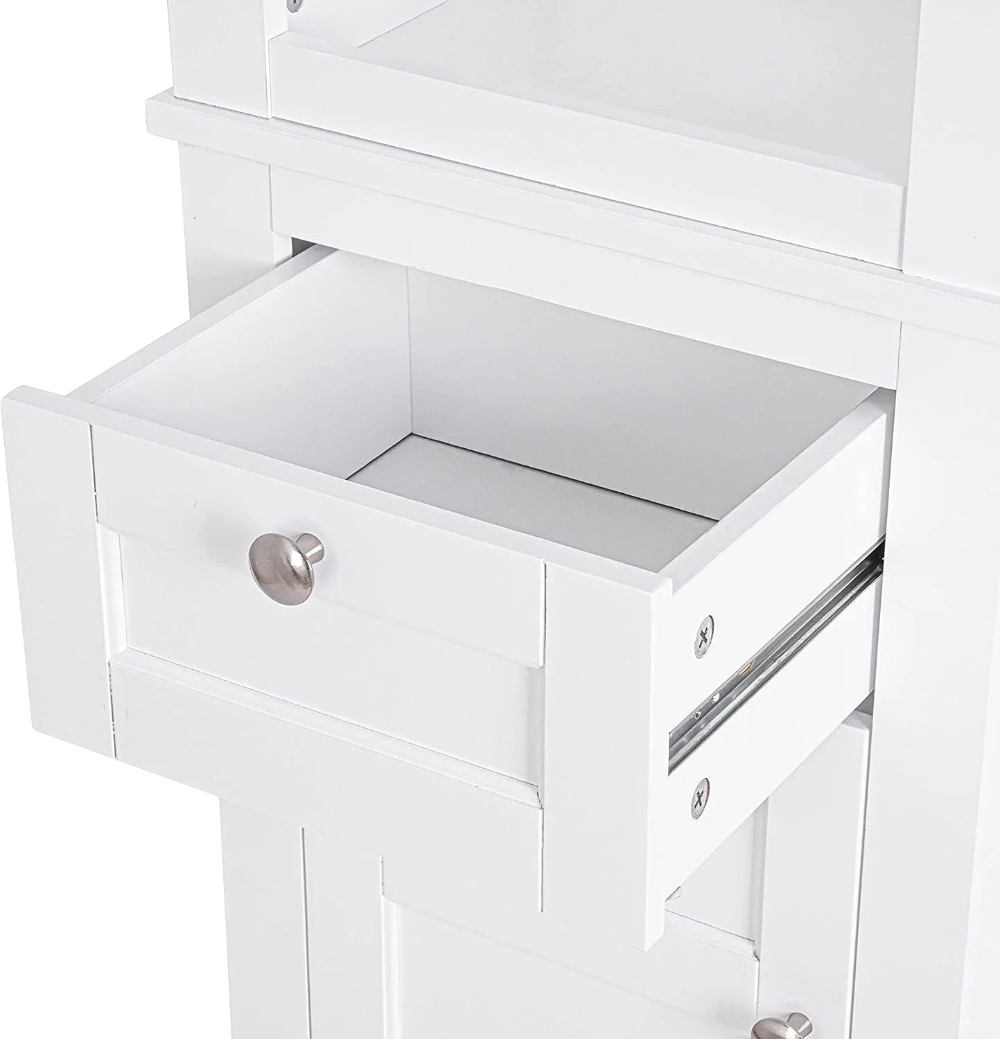 Spirich Home Bathroom Freestanding Storage Cabinet with Two Tier Open Shelves, Tall Slim Cabinet with Door and Drawer, Free Standing Linen Tower 15.75 ''(White with Drawer)