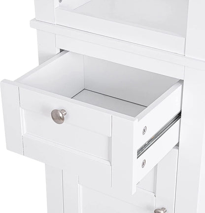 Spirich Home Bathroom Freestanding Storage Cabinet with Two Tier Open Shelves, Tall Slim Cabinet with Door and Drawer, Free Standing Linen Tower 15.75 ''(White with Drawer)