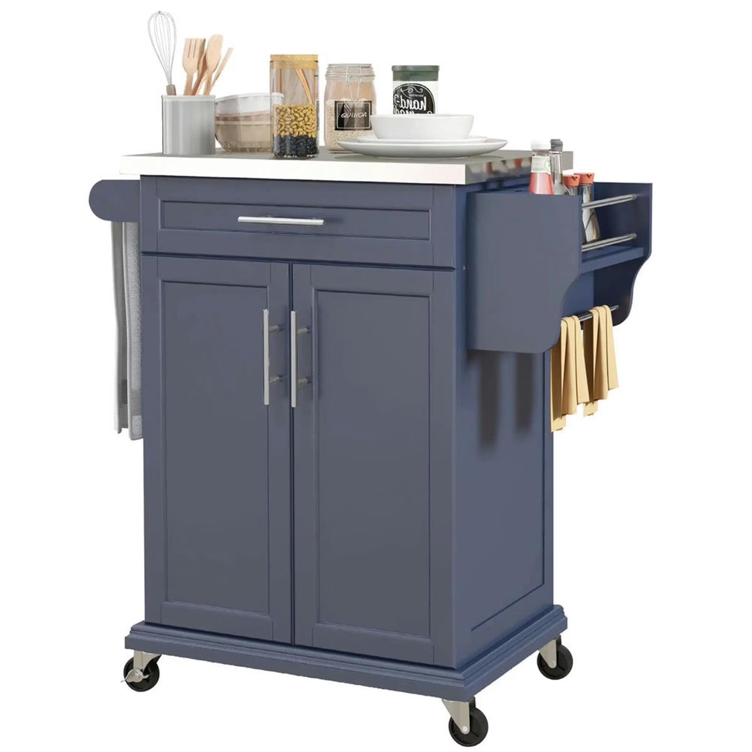 Finihen 35" Kitchen Island Cart on Wheels with Stainless Steel Top, Rolling Dining Room Serving Utility Carts Mobile Movable with Towel Rack, Blue
