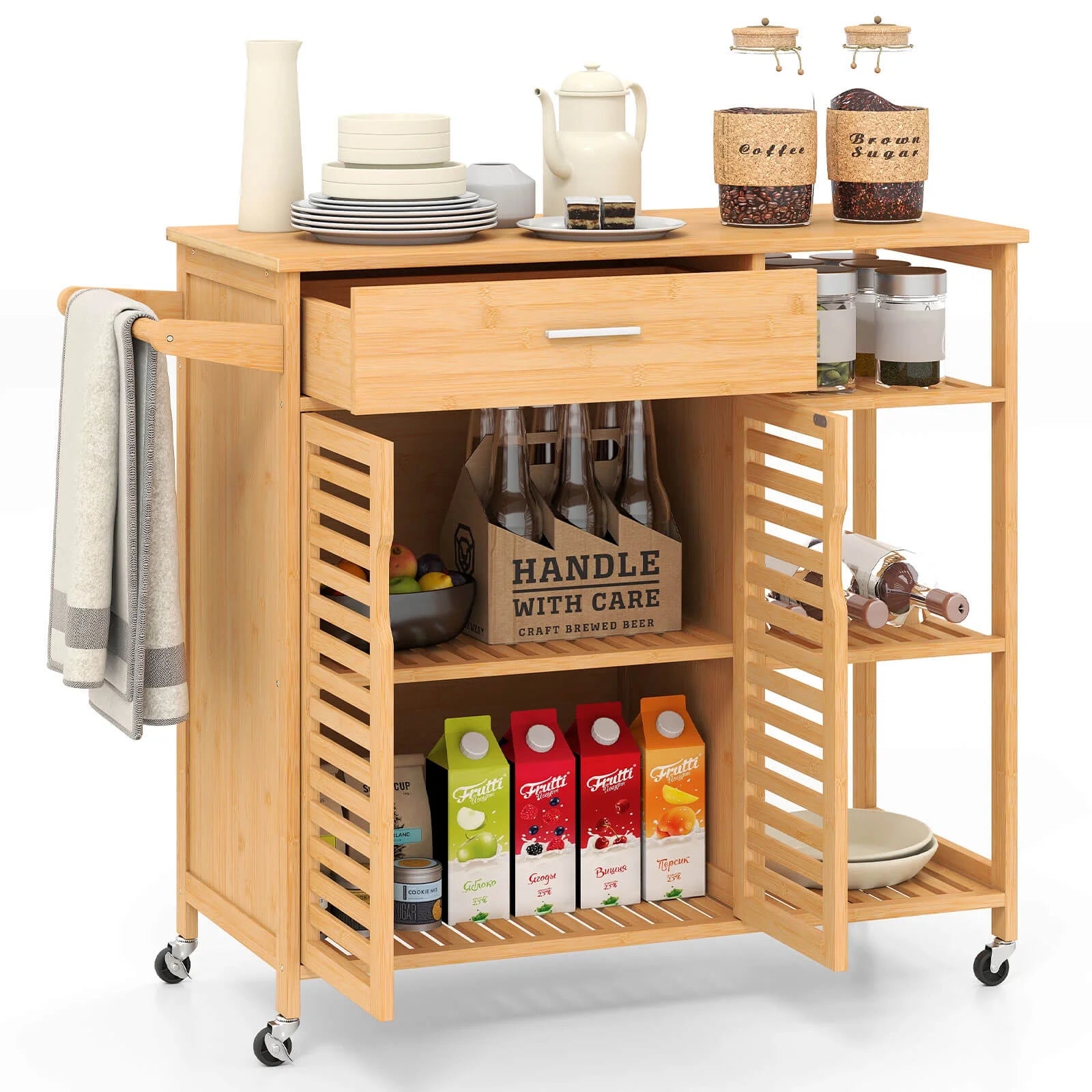 Costway 35.5" Kitchen Island Cartwith Lockable Wheels Drawer Open Shelves Towel Bar