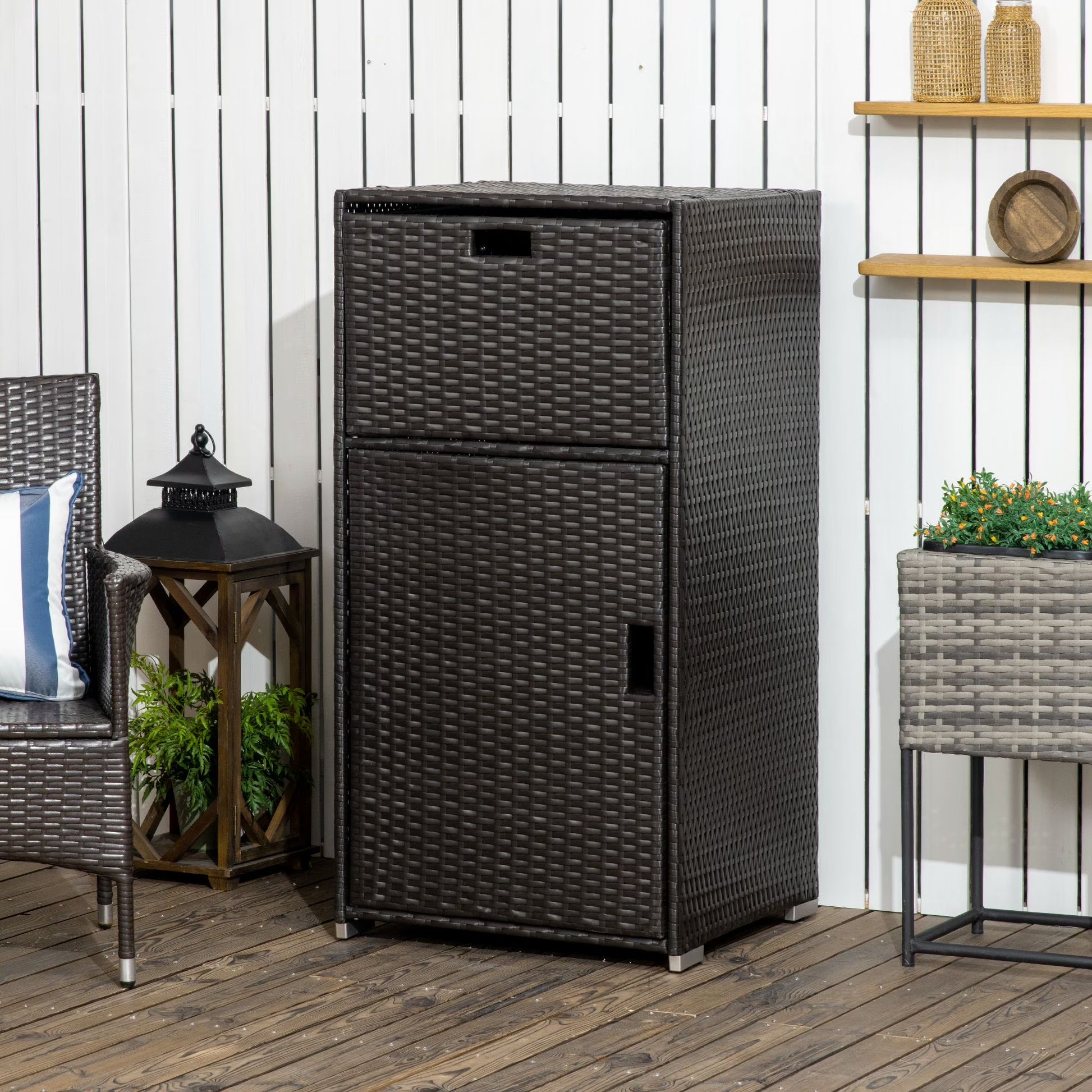 Outsunny Towel Rack & Pool Toy Cabinet/Hot Tub Accessory Storage, Waterproof PE Rattan Cabinet & Drawer for Indoor, Outdoor Swimming Pool, Brown