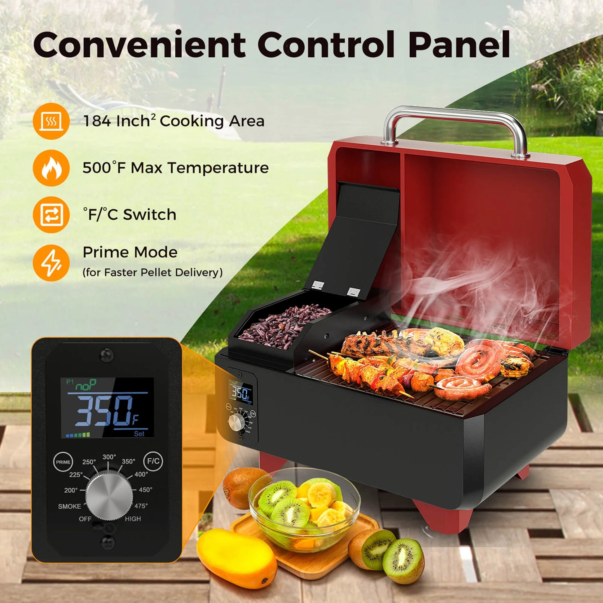 Costway 8-in-1 Portable Pellet Grill with Digital Control Meat Probe Detachable Ash Pan Red