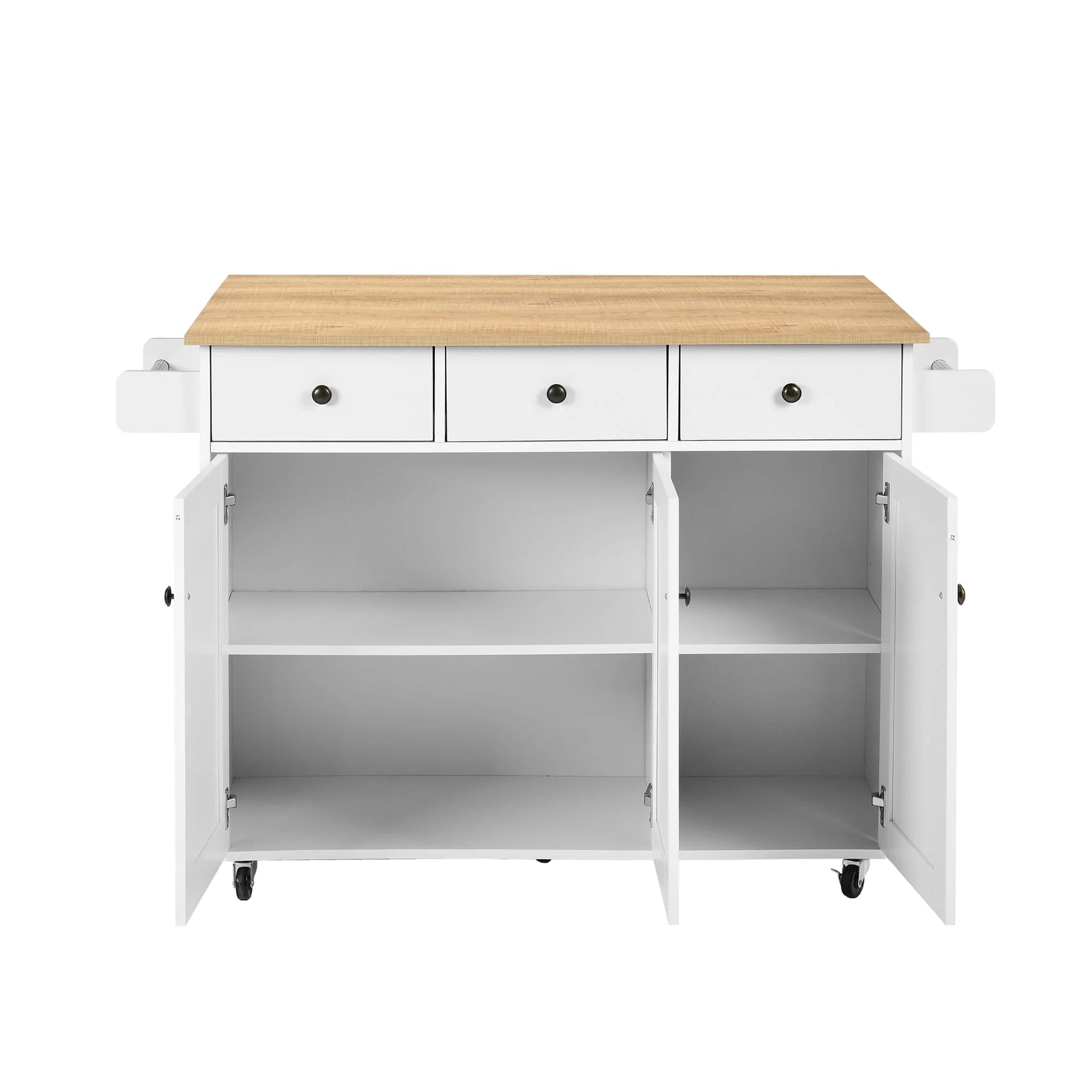 Homy Casa 56" Rolling Kitchen Island with Wood Top, Storage Cabinet, 3 Drawers, Towel Racks, White