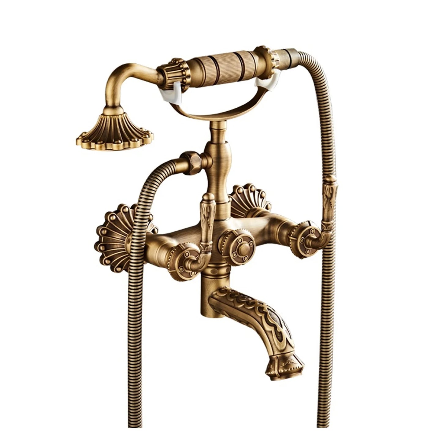 Antique Brass Bathtub Shower Faucets Set, Wall Mounted Bath Shower Set Swivel Tub Spout Bath Shower Dual Control Carved Mixer Tap
